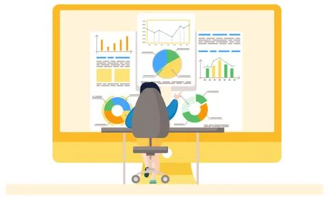 Man sits with his back to a viewer analyzing financial statistics. Business Stock Illustration