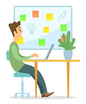 A man sits at a laptop in the office, creative manager, idea, innovation. Flat Illustrazione stock