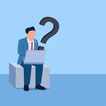 A man sits on a laptop while thinking and a question mark appears, an illus.. Stock Illustration