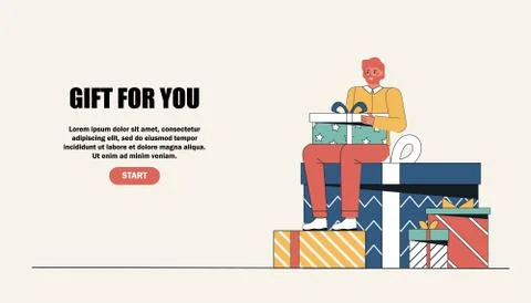A man sits on a large gift box. Man greeting with happy holiday, happy birthday Stock Illustration