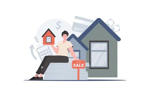 A man sits on a mountain of documents and holds a small house in his hands... Stock Illustration