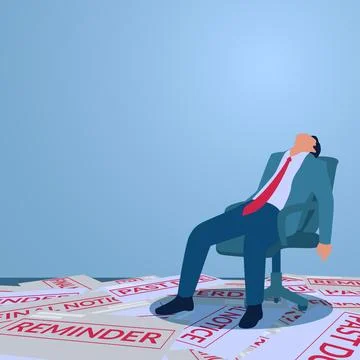 A man sits resignedly on a chair while the floor is scattered with piles of.. Stock Illustration