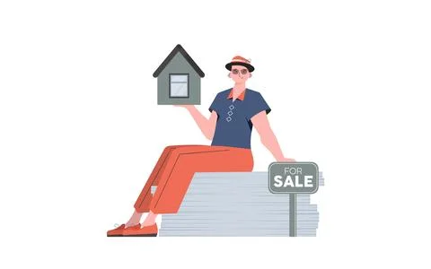 A man sits on a stack of documents and holds a house in his hands. Selling .. 库存插图