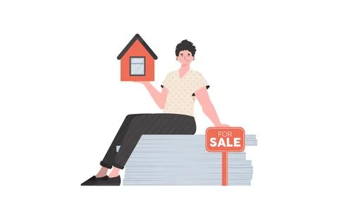 A man sits on a stack of documents and holds a house in his hands. The conc.. Stock Illustration