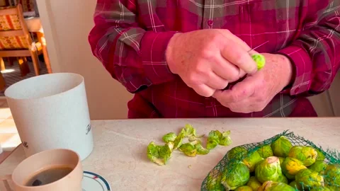 A man sits on a table and prepares Brussel sprouts for dinner. Stock Footage 321684120