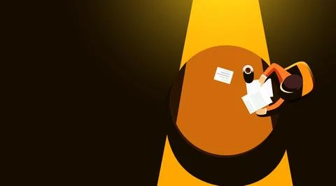 Man sits at a table and works. Top view Stock Illustration
