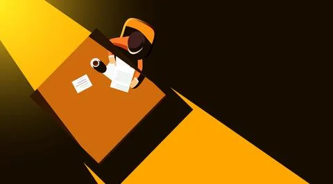 Man sits at a table and works. Top view Stock Illustration