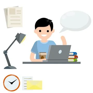 Man sits at table with laptop. Education and books. Conversation and speech Stock Illustration