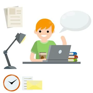 Man sits at table with laptop. Education and books. Stock Illustration