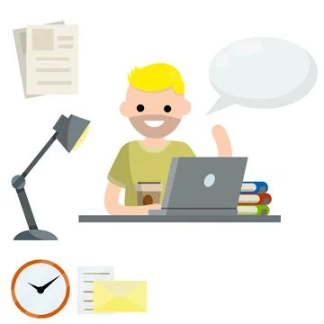 Man sits at table with laptop. Education and books. Bubble text. Stock Illustration