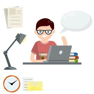 Man sits at table with laptop. Education and books. Stock Illustration