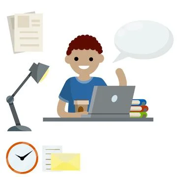 Man sits at table with laptop. Stock Illustration