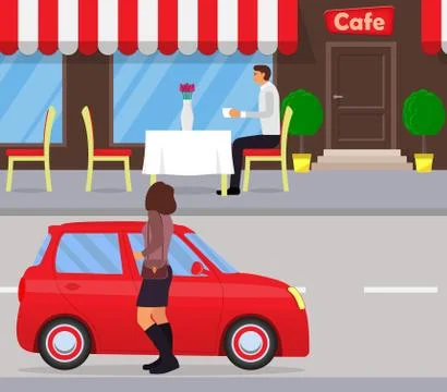 A man sits at a table at an outdoor cafe, drinking coffee and waiting for the Stock Illustration