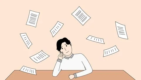 Man sits at a table with a pile of papers in front of him Stock Illustration