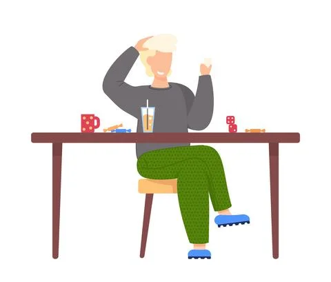 Man sits at table with sweets, cup, glass of juice and dice. Boy smiles and Illustrazione stock