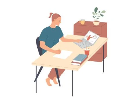 Man sits at a table watching an educational video and taking notes Stock Illustration