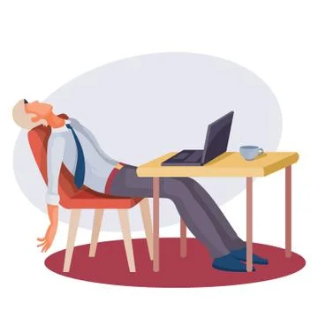 A man sits at a table on which there is a laptop and leaned back exhaustedly  Stock Illustration
