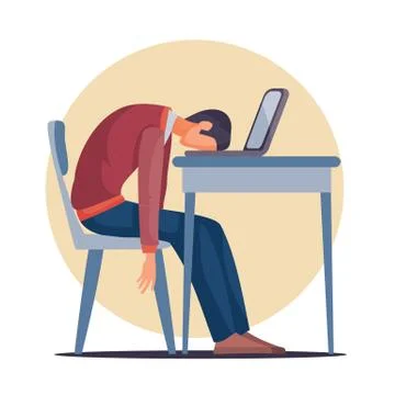 A man sits at a table on which there is a laptop and laid his head exhaustedl Stock Illustration