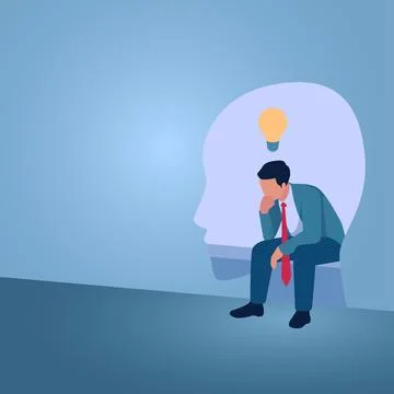 A man sits thinking inside a big head, an illustration of building a mindset. Stock Illustration
