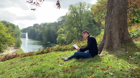 A man sits under a tree and reads a book. The boy gains knowledge in the forest Stock Footage 287329445
