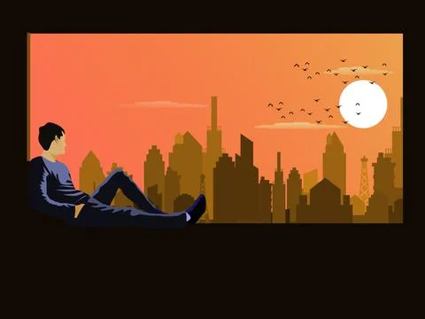 A man sits on a window sill on a tall building Stock Illustration
