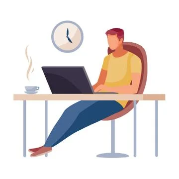 A man sits in a working chair at a table and works on a laptop, there is a cup Stock Illustration