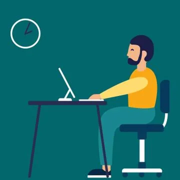 A man sits on the workplace at the office. Vector illustration in a flat style Stock Illustration