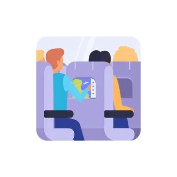 Man sitting in airplane seat looking at flight map on digital screen Stock Illustration