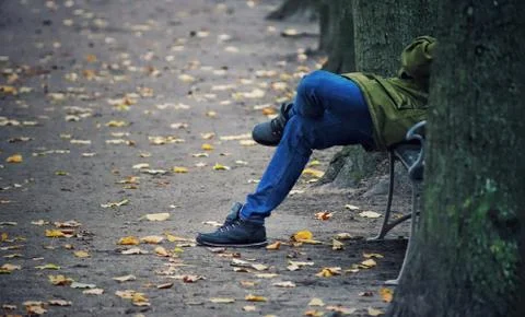A man sitting alone on a bench in a park Stock Photos