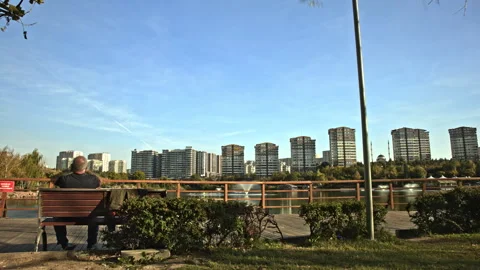 A man sitting alone on a bench in a public park Stock Footage 319858009