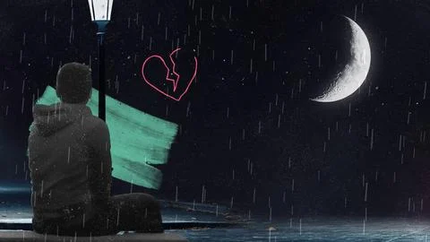 Man Sitting Alone in the Rain Facing a Crescent Moon Stock Illustration