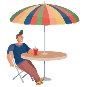 Man sitting alone at a round table with an umbrella, loneliness, isolated object Stock Illustration