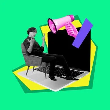 Man sitting and gesturing over laptop and megaphone. Contemporary art collage Stock Photos