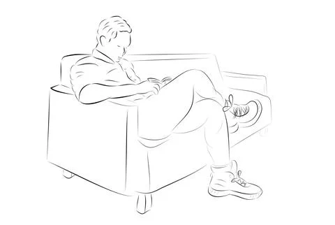 Man sitting and reading book, simple vector hand draw outline sketch Stock Illustration