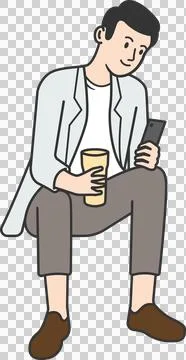 Man sitting and relaxing, using smartphone and holding a cup of coffee, 2D .. Stock Illustration