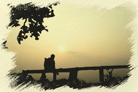 The man sitting and seeing sunset in view point. Stock Photos