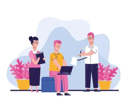 Man sitting and using a laptop computer and people and plants around 스톡 일러스트