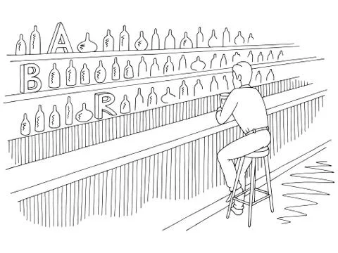 Man sitting in a bar and drinking beer graphic black white sketch illustration v Stock Illustration