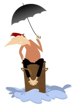 Man sitting on the barrel escapes from the flood illustration Stock Illustration