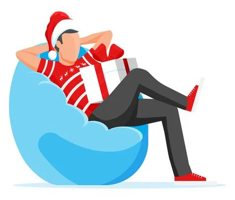 Man Sitting in Bean Bag Holding Gift Box. Stock Illustration