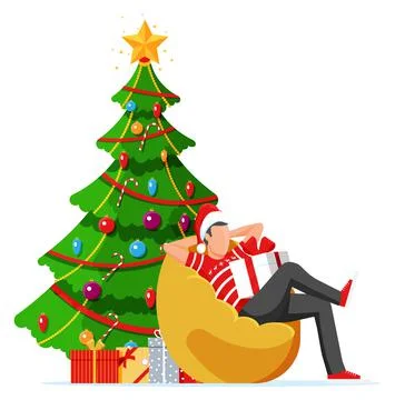 Man Sitting in Bean Bag Holding Gift Box. Stock Illustration