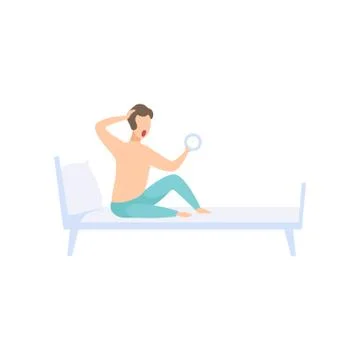 Man sitting on the bed with an alarm clock in his hand, businessman character is Stock Illustration