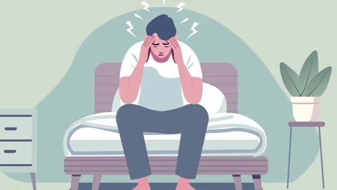 Man sitting on a bed, holding his head with both hands, portraying discomfo.. Stock Footage 304777197