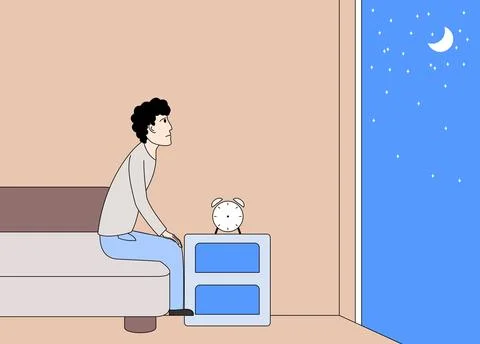 Man is sitting on a bed on a nightstand. The man is looking out the window .. Stock Illustration