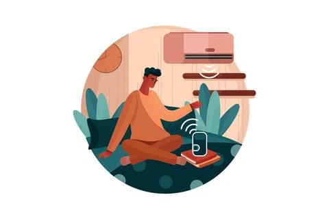 Man sitting on the bed using the Air conditioner and clock-controlled by spea Stock Illustration