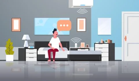 Man sitting on bed using conditioner and clock controlled by smart house speaker Illustrazione stock
