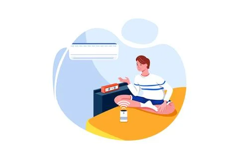 Man sitting on bed using conditioner and clock controlled by smart house spea Illustrazione stock