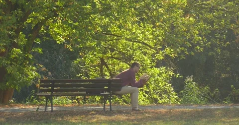 Man is Sitting on The Bench And Reading a Book Man Has Turned and Put the Book Video stock 56064550