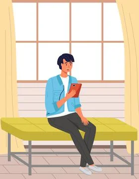 Man sitting on bench and uses tablet pc. Male character talking via video call Stock Illustration