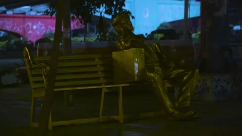 A man is sitting in a bench with bag and thinking some Vídeo Stock 249826080